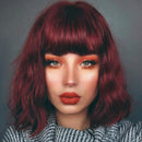ROSEBUD Wavy Bob Wig with Bangs Natural Wine Red Wig Synthetic Hair Shoulder Length Short Curly Wigs for Women Rose bud