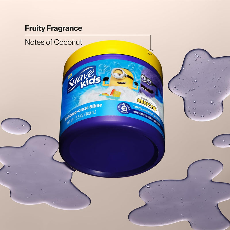 Suave Kids Minions Coco-Craze Slime 3-In-1 Shampoo, Conditioner, and Body Wash, For Tear-Free and Gentle Cleansing, 13.5 oz, 4 Pack Infinity Warehouse