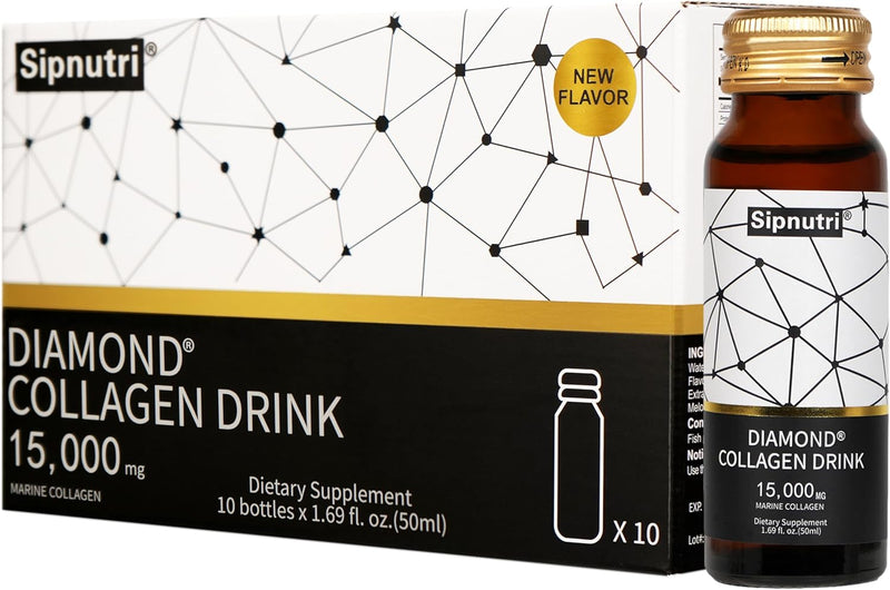 Diamond Liquid Collagen Drink, 15000 mg Hydrolyzed Marine Collagen Peptides with Vitamin C, Pomegranate, Healthy Hair Skin Nails Joints Bones Support, 50 ml x 10 Bottles Infinity Warehouse