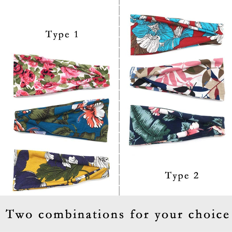 Aukmla Boho Headband Floral Hairbands Elastic Turban Flower Head Wrap Hair Accessories for Women and girls (Pack of 3) (Floral Print 1) Aukmla