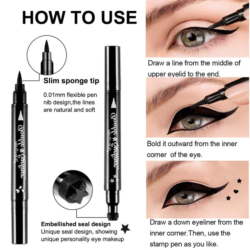 4 Styles/Set Pen Eyeliner Stamp Wing Liner, Waterproof, Double Sided & Long Lasting Eye Pencil , (Heart/Moon/Star /Flowers )Shape Stamp Pen, Super Slim Gel Felt Tip High Black Pigment (4PCS) Topcent
