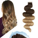 Hairro Tape in Human Hair Extensions 16 Inch Long Wavy 100g 40pcs/pack Ombre Medium Brown to Dark Blonde Body Wave Thin Silky Seamless Skin Weft Glue in 2 Tones Human Hairpieces Hairro