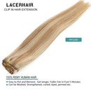 Lacer Clip In Human Hair Extensions Thicken Double Weft Remy Hair 120g 7pcs Light Golden Brown Highlight Platinum Blonde Full Head Silky Straight Clip in Extensions 16 Inch Lacer Store