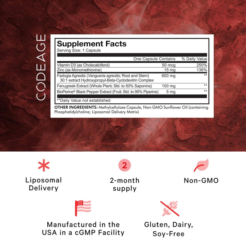 Codeage Liposomal Fadogia Agrestis 600mg Supplement - Fadogia Agrestis 30:1 Extract, Vitamin D3, Zinc, Fenugreek, BioPerine Black Pepper - 2-Month Supply - Liposomal Delivery - Non-GMO, 60 Capsules Infinity Warehouse