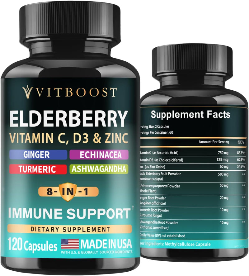 Elderberry Immune Support Supplement 8-in-1 Formula with Echinacea, Vitamin C & Zinc, Vitamin D 5000 IU, Turmeric, Ginger, Ashwagandha – 60 Capsules Infinity Warehouse