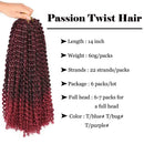 6 Pack Passion Twist Hair 14 Inch Ombre Burgundy Passion Twist Crochet Hair Synthetic Fiber Water Wave Crochet Hair for Butterfly Soft Locs Braidig Hair Extensions (14'', Tbug