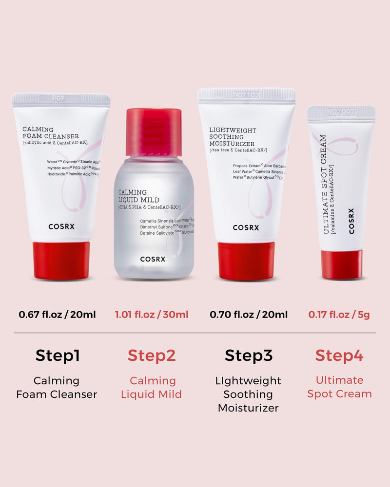 COSRX 4 Step Mild Acne Treament for Acne Prone Skin | TSA Approved Travel Size, Gift Set, Trial | Cleanser, Mild Toner, Spot Cream, Moisturizer COSRX