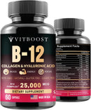 B12 with Hyaluronic Acid, Collagen and Folate – 25000 mcg B12 Complex | Maximize Absorption & Energy | Gluten Free USA Made, B1, B2, B3, B6, B7, B12 Vitamins 5000 mcg Methylcobalamin - 60 Capsules Infinity Warehouse