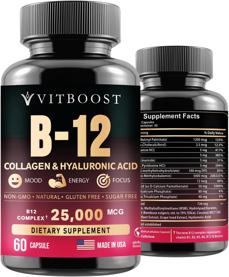B12 with Hyaluronic Acid, Collagen and Folate – 25000 mcg B12 Complex | Maximize Absorption & Energy | Gluten Free USA Made, B1, B2, B3, B6, B7, B12 Vitamins 5000 mcg Methylcobalamin - 60 Capsules Infinity Warehouse
