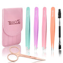 Eyebrow Tweezer Set, TsMADDTs 6 Pcs Tweezers Set for Women, Precision Tweezer for Eyebrows with Curved Scissors for Ingrown Hair, Hair Plucking Daily Beauty Tools with Leather Travel Case TsMADDTs