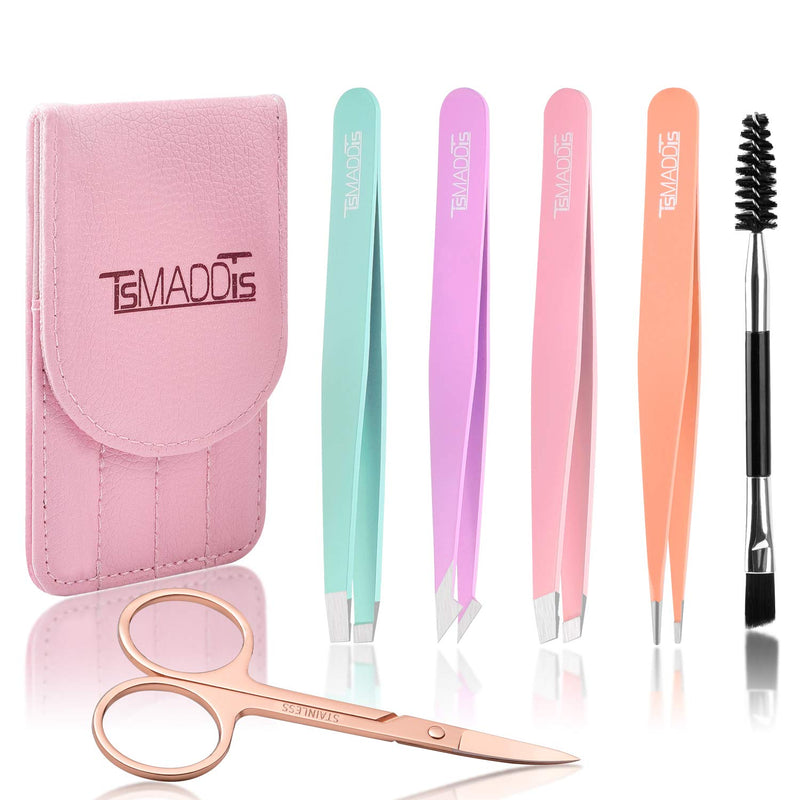 Eyebrow Tweezer Set, TsMADDTs 6 Pcs Tweezers Set for Women, Precision Tweezer for Eyebrows with Curved Scissors for Ingrown Hair, Hair Plucking Daily Beauty Tools with Leather Travel Case TsMADDTs
