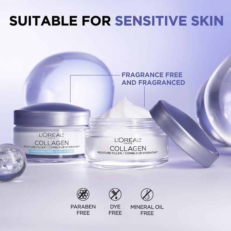 L'Oreal Paris Collagen Moisture Filler Face Cream, Anti-Aging Face Moisturizer, Non-Greasy Fragrance Free Skin Care Formula For Up to 48HR Hydration, 3.4 Oz - Infinity Warehouse