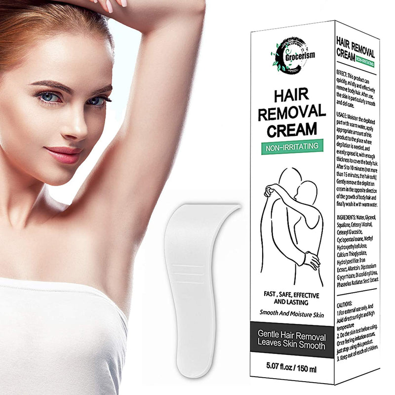Hair Removal Cream, Painless Natural Depilatory Cream for Men and Women, Non-Irritating for Sensitive Skin. For Bikini and Intimate Area, Genitals, Arms, Legs, Underarms, Chest, 5.07 fl oz Grocerism