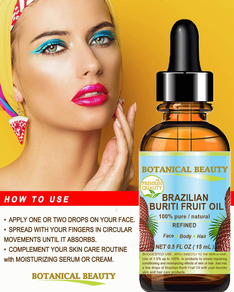 BURITI FRUIT OIL Brazilian. 100% Pure / Natural / REFINED Undiluted Cold Pressed Carrier Oil . For Face, Body, Hair, Lip and Nail Care. 0.5 fl oz- 15 ml. "One the richest natural source of vitamin A, E and C" From Amazon Rainforest. by Botanical Beauty Botanical Beauty