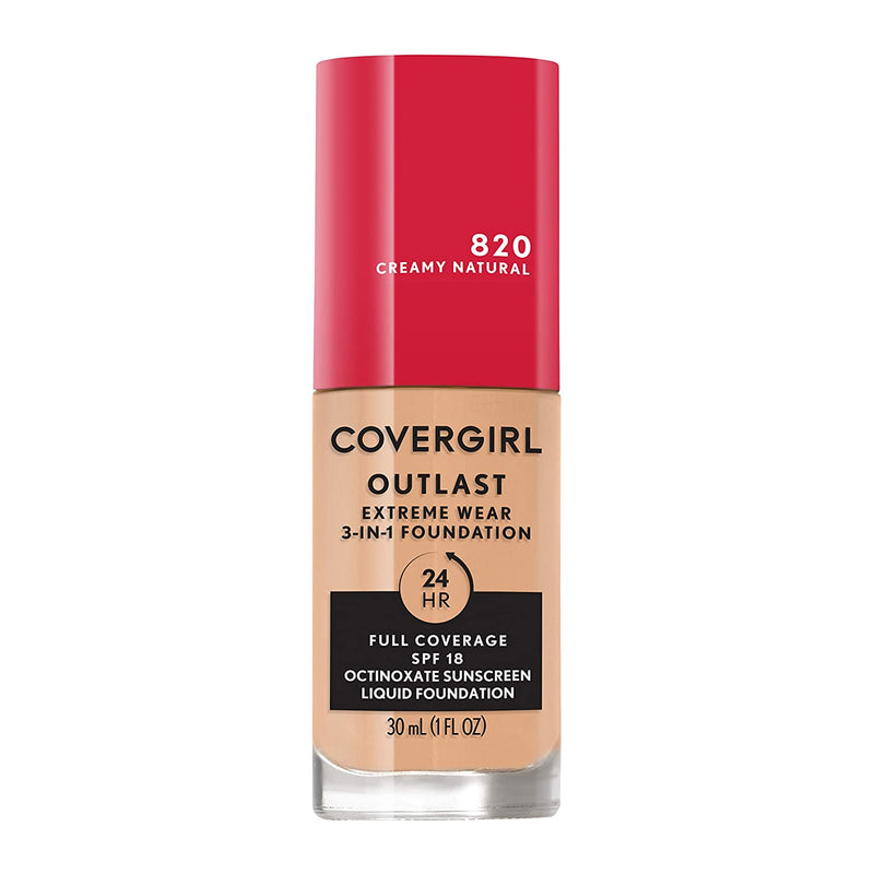Covergirl Outlast Extreme Wear 3-in-1 Full Coverage Liquid Foundation, SPF 18 Sunscreen, Creamy Natural, 1 Fl. Oz. COVERGIRL Store