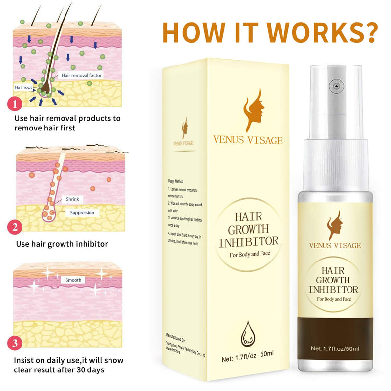 Hair Inhibitor 50ml Upgraded, Hair Stop Growth Spray, Non-Irritating Hair Removal Inhibitor for Body and Face, Arm, Armpit, Leg for Men and Women VENUS VISAGE