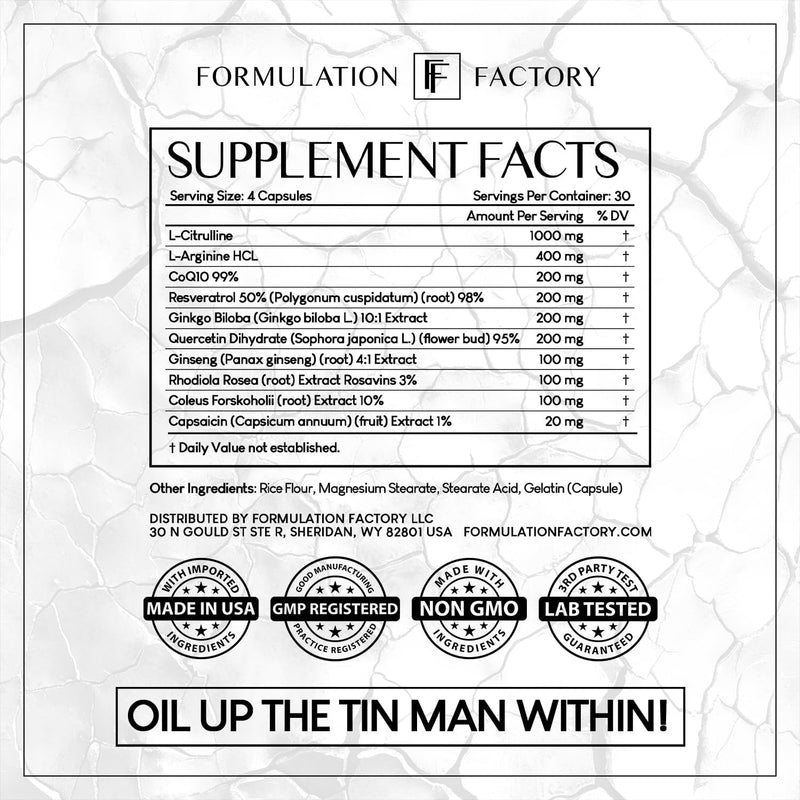 Formulation Factory Heart of Steel: 10-in-1 Metabolic Maximizer Nitric Oxide Supplement, Blood Pressure Support, L Arginine, L Citrulline Natural Pre-Workout: Energy Management 120 Count Infinity Warehouse