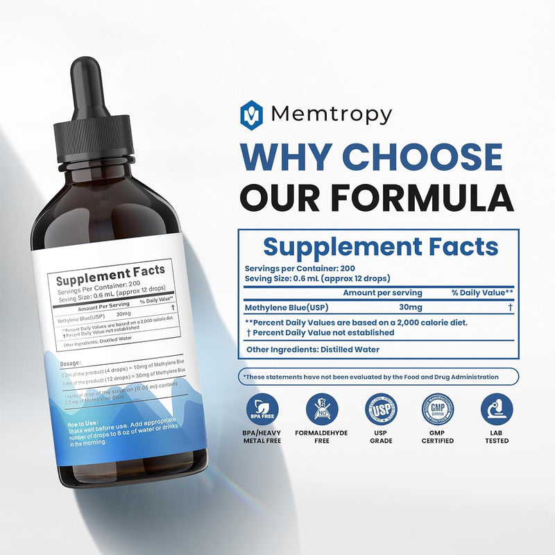 Methylene Blue Pharmaceutical Grade 4.06 fl oz (120 mL), 99% Purity Supplement for Humans, Formaldehyde-Free, Alcohol-Free, Glass Bottle Infinity Warehouse