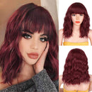 Relena Wine Red Short Wavy Wig with Bangs Synthetic Colored Shoulder Length Wig for Women Heat Resistant Fiber Curly Bob Wig 14 Inch Burgundy Wavy Bob Wigs for Daily Party Use Relena