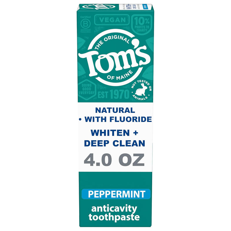 Tom's of Maine Whiten Plus Deep Clean Whitening Toothpaste, Natural Whitening Toothpaste with Plant-Based Cleansers, Enamel Safe, Whitens Without Causing Sensitivity, Peppermint, 4.0 oz (Pack of 3) Infinity Warehouse
