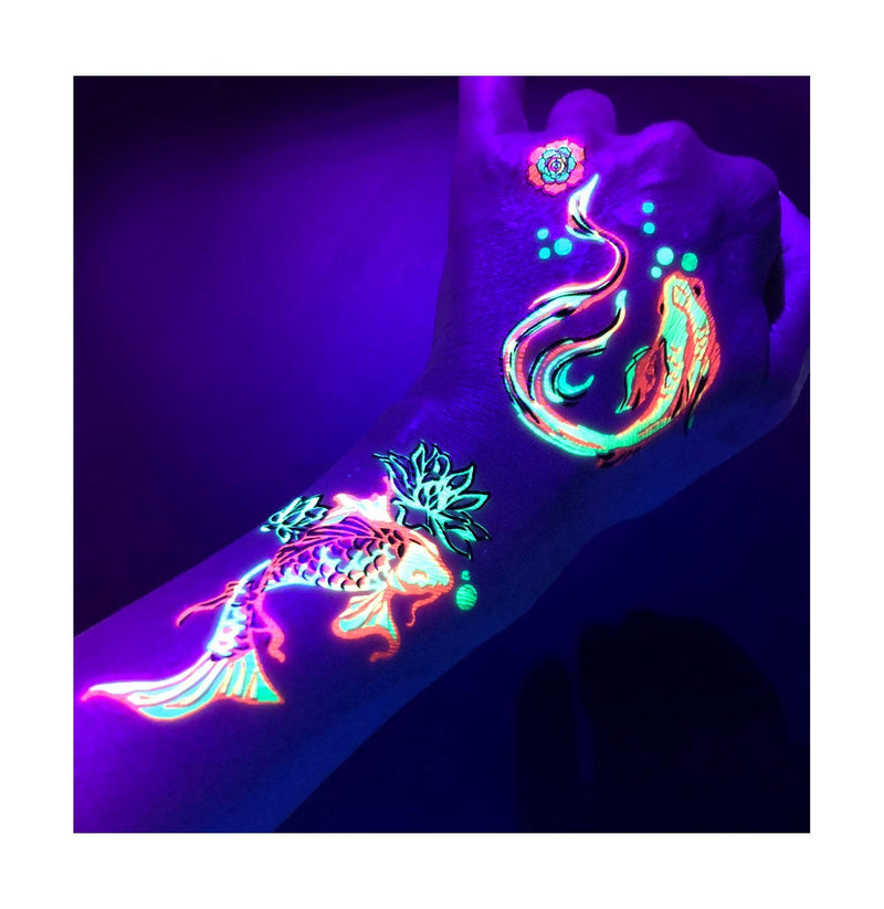 d'IRIS studio Blacklight Temporary Tattoos – 1 Sheet Koi Fish Design Body Art | Festival Accessories Glow Party Supplies | 7.2” x 5.2” UV Reactive Temp Tattoos Great for EDM EDC Party Rave Parties d'IRIS studio