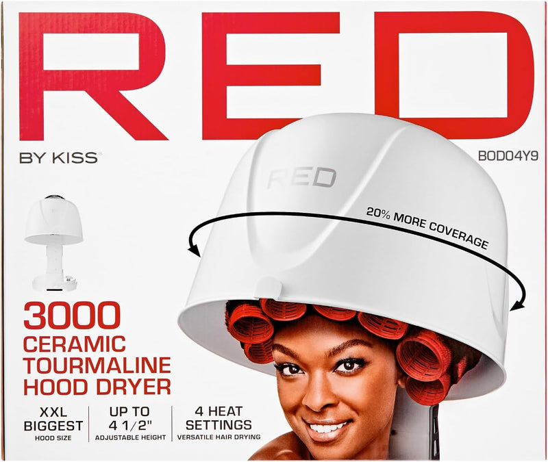 Red by Kiss 3000 Ceramic Tourmaline Professional Hood Dryer, 4 Heat Settings Blow Dryer for Home & Salon, Height Adjustable Convenient Big Hood Size Extra Coverage Infinity Warehouse