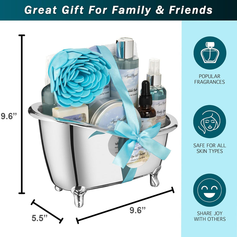 Spa Gift Baskets For Women - Luxury Bath Set With Ocean & Coconut - Spa Kit Includes Body Wash, Bubble Bath, Lotion, Body Butter, Soap, Body Spray, Shower Puff, and Towel