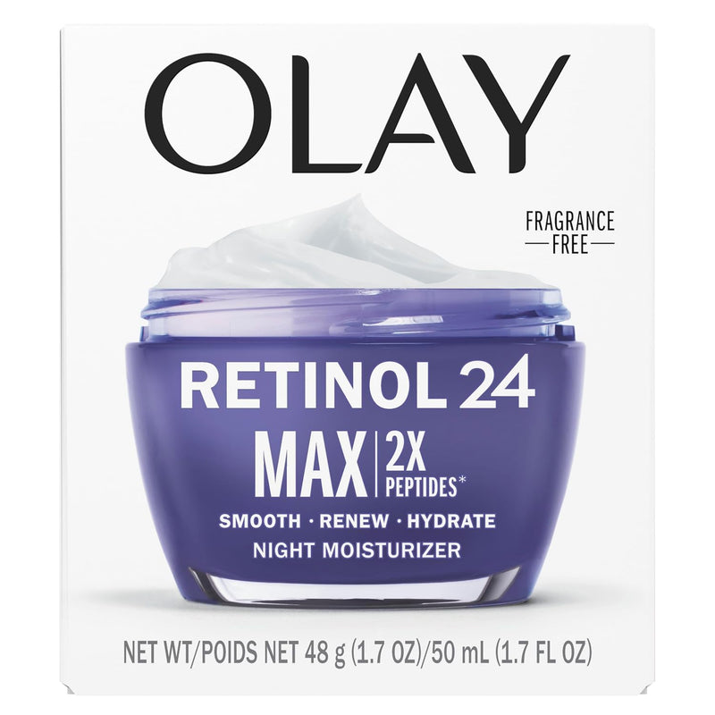 Olay Retinol Face Moisturizer, 24 MAX Anti-Aging Night Cream for Women, Fragrance-Free, Non Greasy - Anti-Wrinkle, Smooth Fine Lines, Tightening, Hydrating Skin Care - Peptides, Glycerin, 1.7 Oz Infinity Warehouse