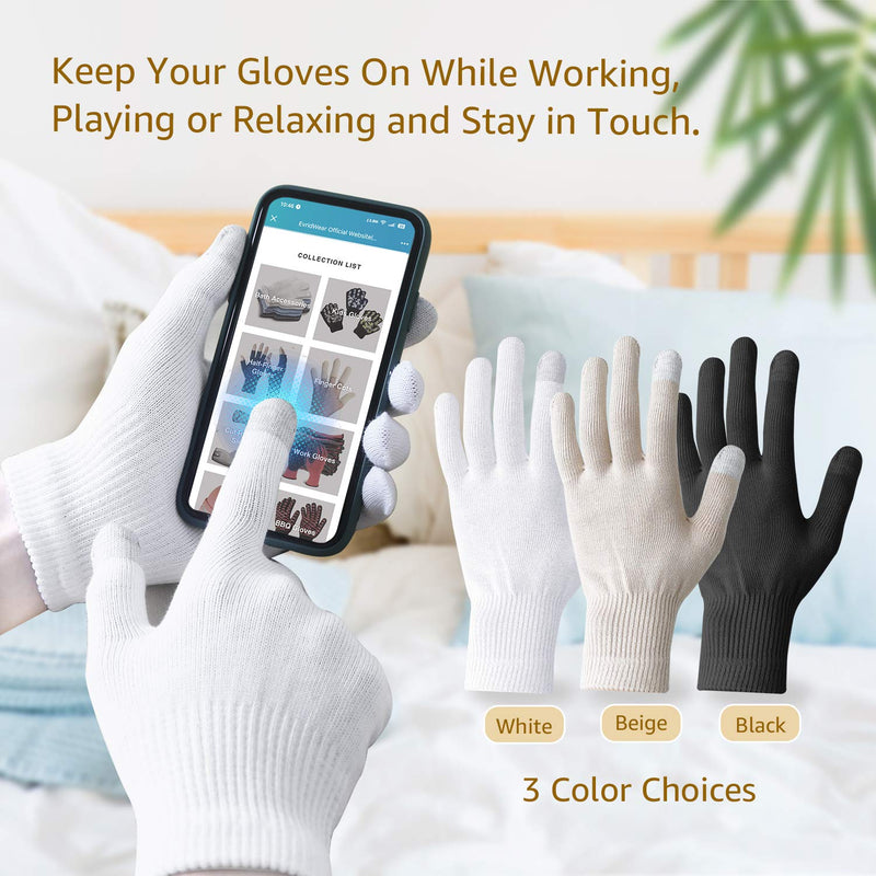 EvridWear Unisex Moisturizing Cotton Gloves with Touchscreen Fingertips for Eczema Beauty Cosmetic Dry Hands Sensitive Irritated Skin Therapy Overnight Bedtime, 6 Pairs, Lightweight-White, S/M Evridwear