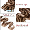Wavy Rooted Tape in Hair Extensions 100g 40pcs 100% Human Hair Body Wave 24 inch Highlighted Medium Brown & Ash Blonde Long Soft Remy Hair Skin Weft Seamless Invisible Double Side Tape