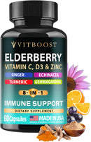 Elderberry Immune Support Supplement 8-in-1 Formula with Echinacea, Vitamin C & Zinc, Vitamin D 5000 IU, Turmeric, Ginger, Ashwagandha – 60 Capsules Infinity Warehouse