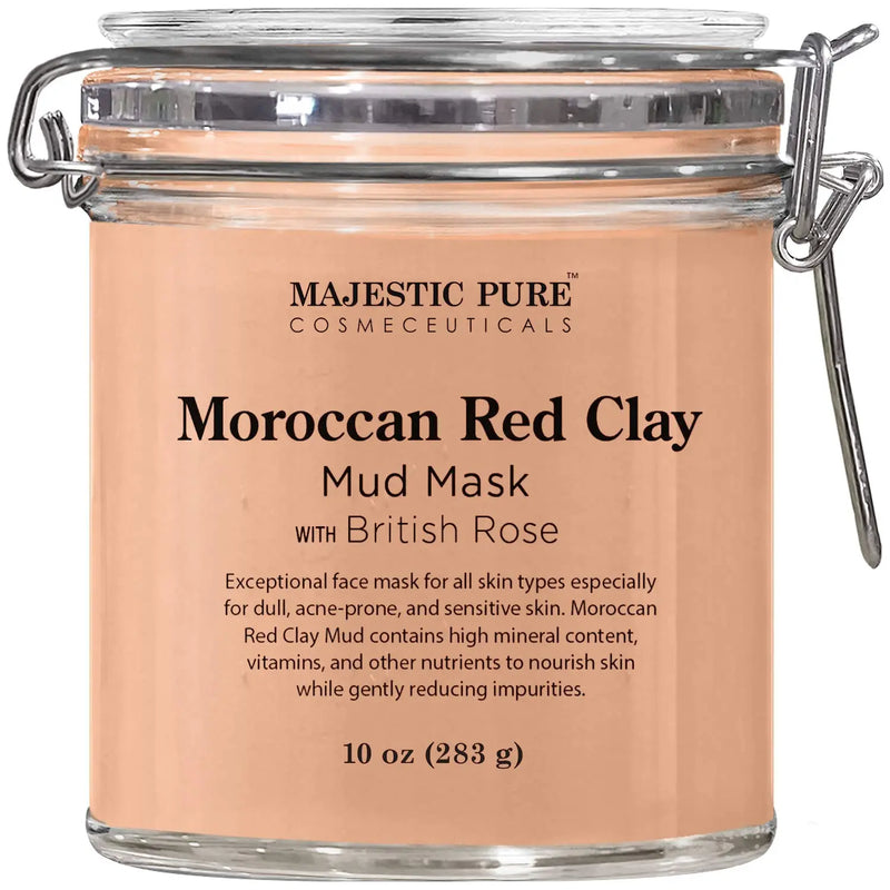 MAJESTIC PURE Moroccan Red Clay Facial Mud Mask with British Rose - Natural Skin Care Mask for Pore Cleansing and Dull & Sensitive Skin - Fights Acne and Blackheads - 10 oz MAJESTIC PURE