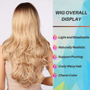 Honygebia Blonde Wig with Bangs - Long Wavy Ombre Curtain Bang Wigs for White Women, Light Ash Blond Dark Roots Synthetic Heat Resistant Hair, Natural Cute Strawberry Wigs for Everyday/Party/Cosplay Honygebia