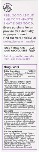 Twice Toothpaste Sensitive Teeth Whitening with Cavity Protection - SLS Free Toothpaste with Fluoride for Tooth Remineralization - (Calming Vanilla Lavender Mint) (3-Pack) Twice