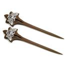 Brown Wooden Hairsticks with Silver Lotus Designs (Pair) Joji Boutique
