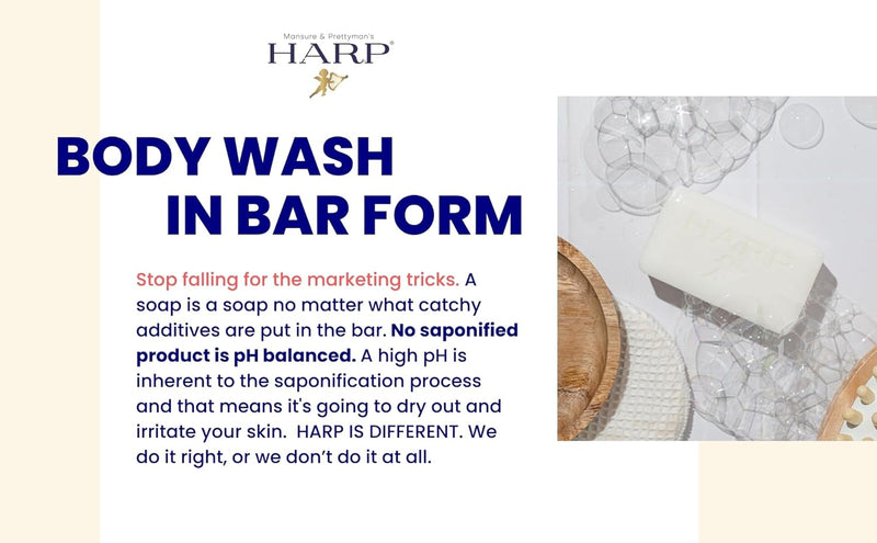 HARP pH-Balanced (5.0-6.0) Body Wash Bar. 100% Syndet. Protects Moisture Barrier For Sensitive, Dry or Irritated skin. + Shea Butter/Borage Oil. Non-Comedogenic. FRAGRANCE FREE Infinity Warehouse