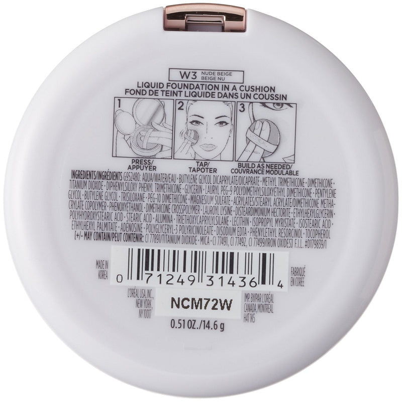 L'Oréal Paris True Match Lumi Cushion Foundation, W3 Nude Beige, 0.51 oz. L'Oréal Paris