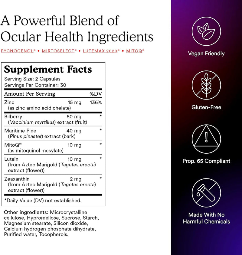 MitoQ +Eye Advanced CoQ10 Antioxidant - Contains Mitoquinol Mesylate, Lutein, Zeaxanthin, Bilberry, Maritime Pine Bark - Supports Eye Health, Blue Light Filtration & Cell Vitality (60 Capsules) Infinity Warehouse