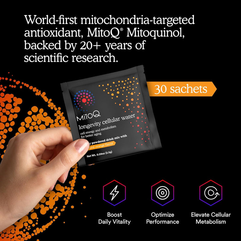 MitoQ Longevity Cellular Water Daily Powdered Drink Mix Natural Orange Flavor - Mitochondria-targeted Antioxidant - Cell Energy and Metabolism for Better Aging (Orange, 30 Packets) Infinity Warehouse