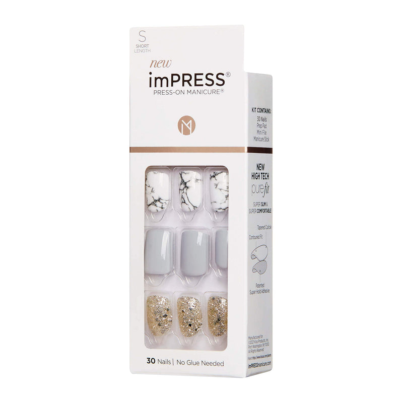 KISS imPRESS Press-On Manicure, Nail Kit, PureFit Technology, Short Press-On Nails, Square, Knock Out, Includes Prep Pad, Mini File, Cuticle Stick, and 30 Fake Nails KISS
