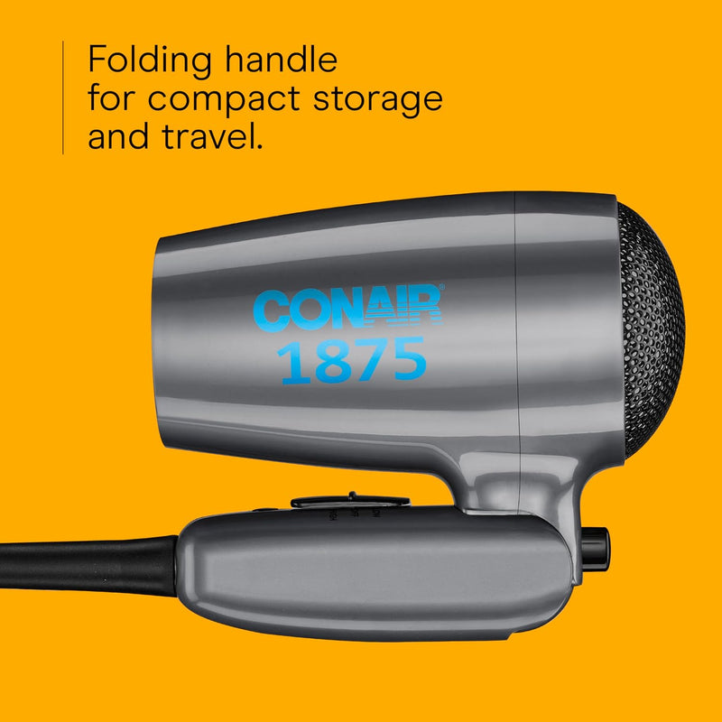 Conair Travel Hair Dryer with Dual Voltage, 1875W Compact Blow Dryer with Folding Handle, Gray Infinity Warehouse