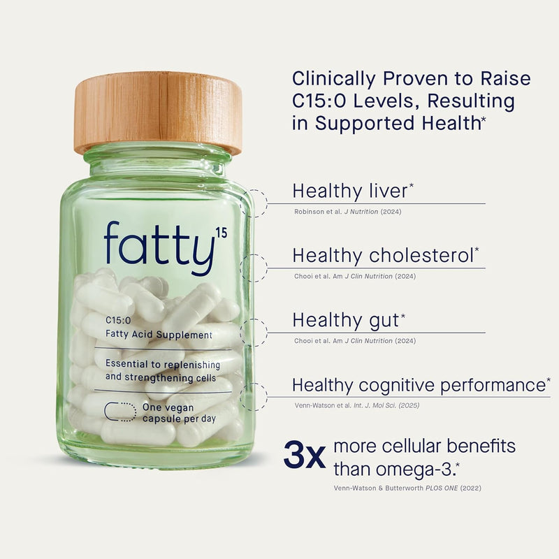 Fatty15 C15:0 Pentadecanoic Acid Supplement The Longevity Nutrient - 90 Vegan Capsules - 3x Cellular Benefits of Fish Oil Omega 3 Supplements - Gut Health, Liver Support, & Mitochondrial Health Infinity Warehouse