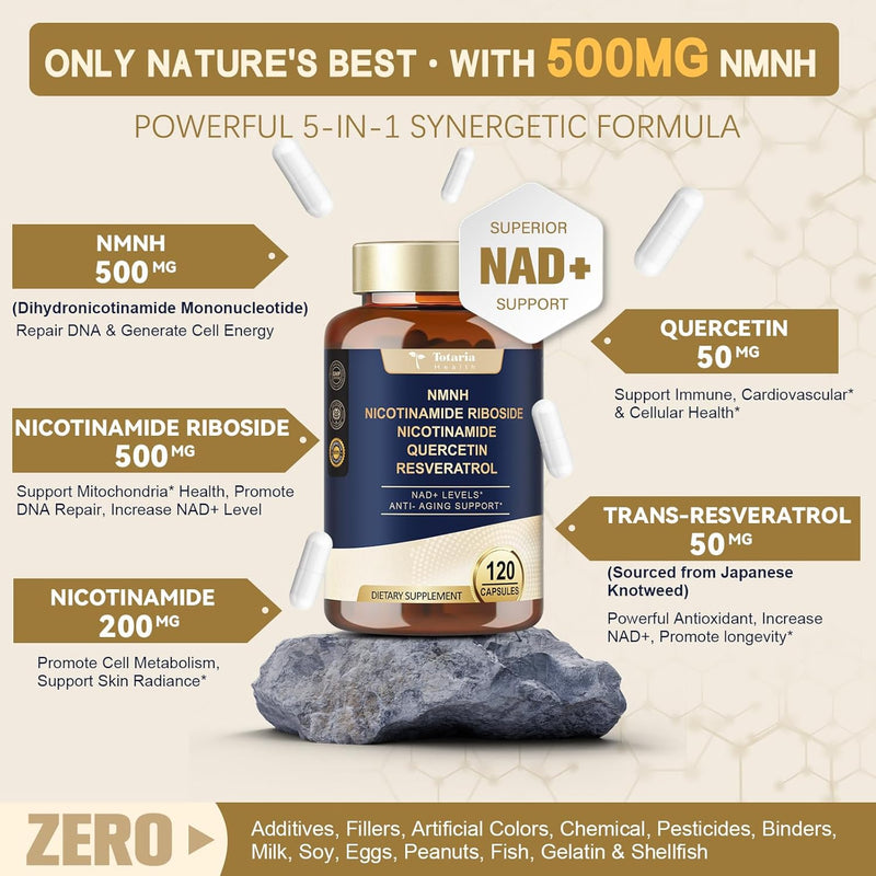 NMNH (Dihydronicotinamide Mononucleotide), NMN Alternative Supplement w/Niacinamide (Vitamin B3), Quercetin, Trans-Resveratrol, Support NAD+, Skin Cell Health*, Anti-Aging & Energy, 120 Caps Infinity Warehouse