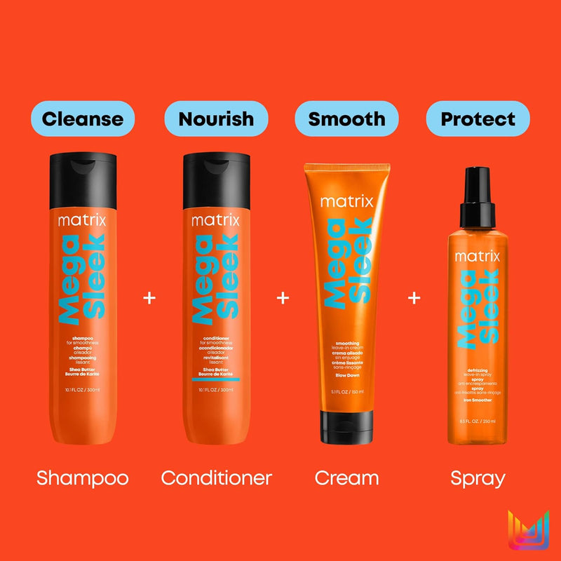 Matrix Mega Sleek Blow Down Smoothing Leave-In Cream - Smooths Hair, Detangles, & Tames Frizz, Heat Protectant, For Dry, Damaged & Frizzy Hair, 5.1 Fl Oz Infinity Warehouse