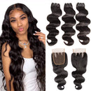 Brazilian Body Wave Bundles with Closure Brazilian Unprocessed Virgin Hair 3 Bundles with 4x4 3 Part Lace Closure (10 12 14+10) 10A Ocean Wave Human Hair Bundles with Closure 70g/bundle B-fashion Store
