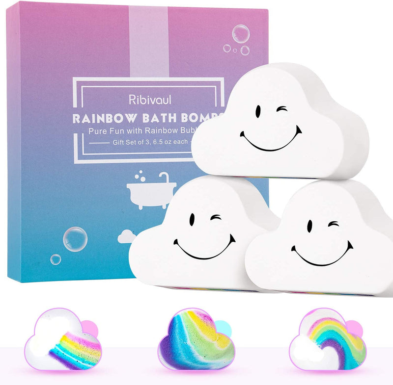 Rainbow Bath Bombs Gift Set, Ribivaul 3 Extra-Large 6.5oz Handmade Bath Bombs with Natural Ingredients, Cloud Bath Bomb with Rich Bubbles for Kids/Women, Great Gift Idea for Valentine's Day, Birthday Ribivaul Store