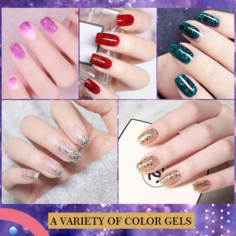 MILD EAST Gel Nail Polish Kit, 6 Colors Glitter Nail Polish Pink Green Blue Red Gold Silver Gel Nail Polish Set UV Gel Nail Polish with Acrylic Powder, Glossy/Matte Nail Polish Gift Set for Women MILD EAST