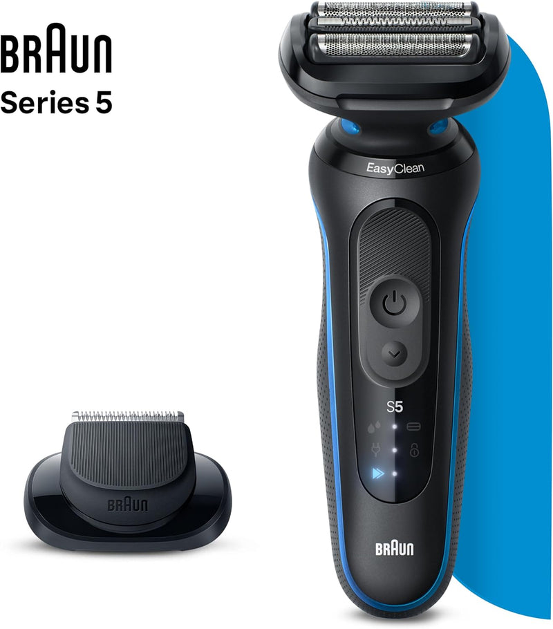 Braun Electric Shaver for Men, Series 5 5120s, Wet & Dry Shave, Turbo Shaving Mode, Foil Shaver, Engineered in Germany, with Beard Trimmer & Attachments, Blue Infinity Warehouse
