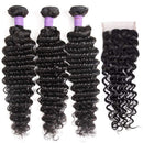 Brazilian Deep Wave Bundles with Closure (18 20 22+16) 10A Virgin Human Hair Bundles with Closure Wet and Wavy Curly Hair Weave 3 Bundles with Lace Closure Free Part YOCYTU