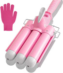 32mm Jumbo Hair Waver Iron, 3 Barrel Curling Iron Wand with LCD Temp Display, 1.25 Inch Ceramic Tourmaline Triple Barrels, Dual Voltage Hair Crimper, Pink Aleath